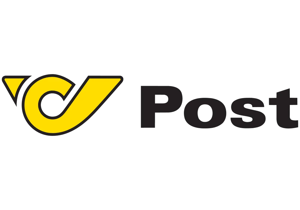 Logo von Post mit gelben Designelementen