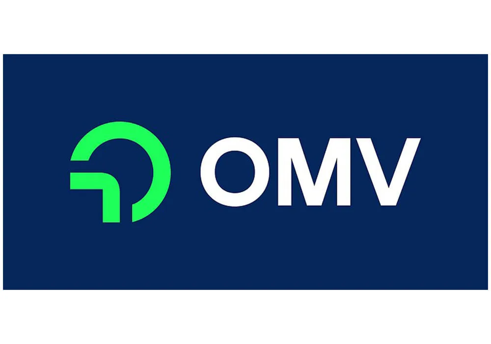 Logo von OMV mit grünem Symbol und blauer Hintergrunda