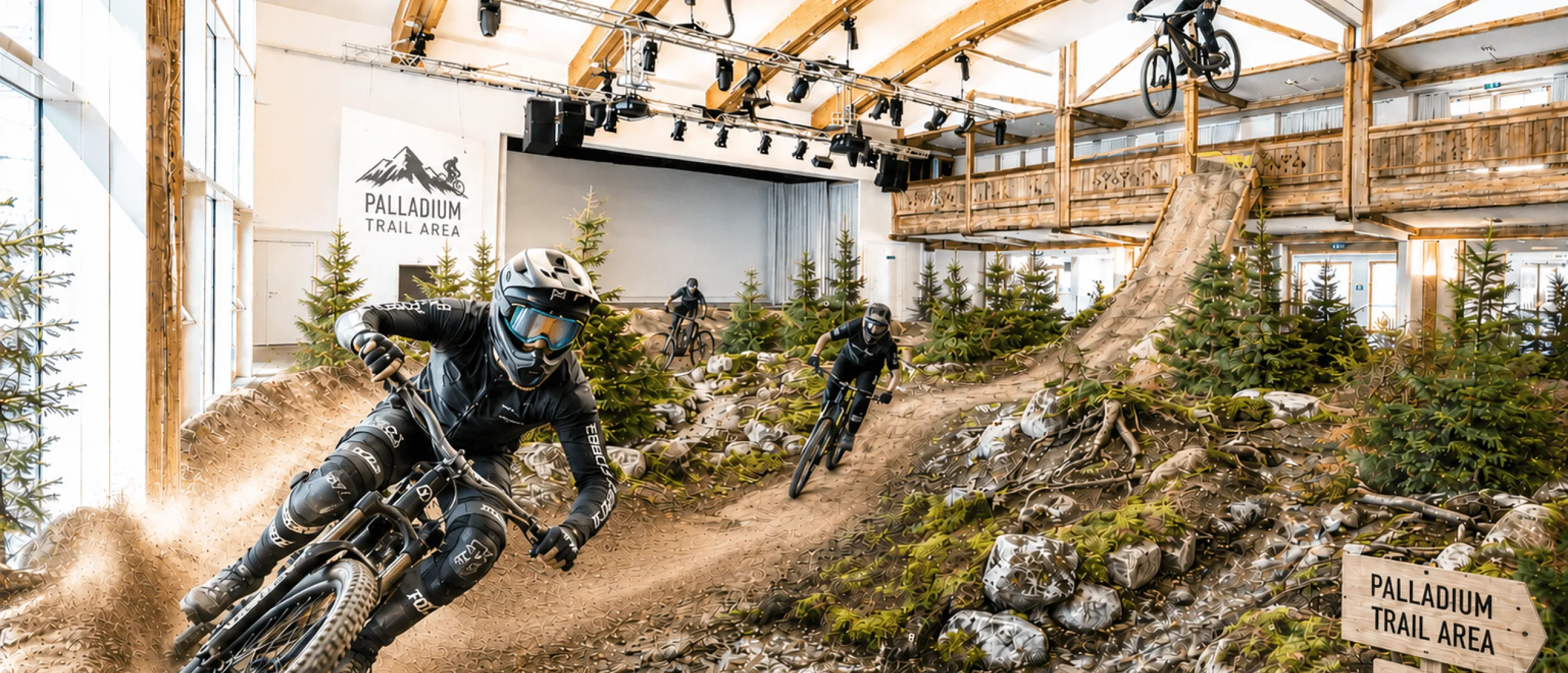 Mountainbiker im Palladium Trail Area mit Bäumen und Terrain