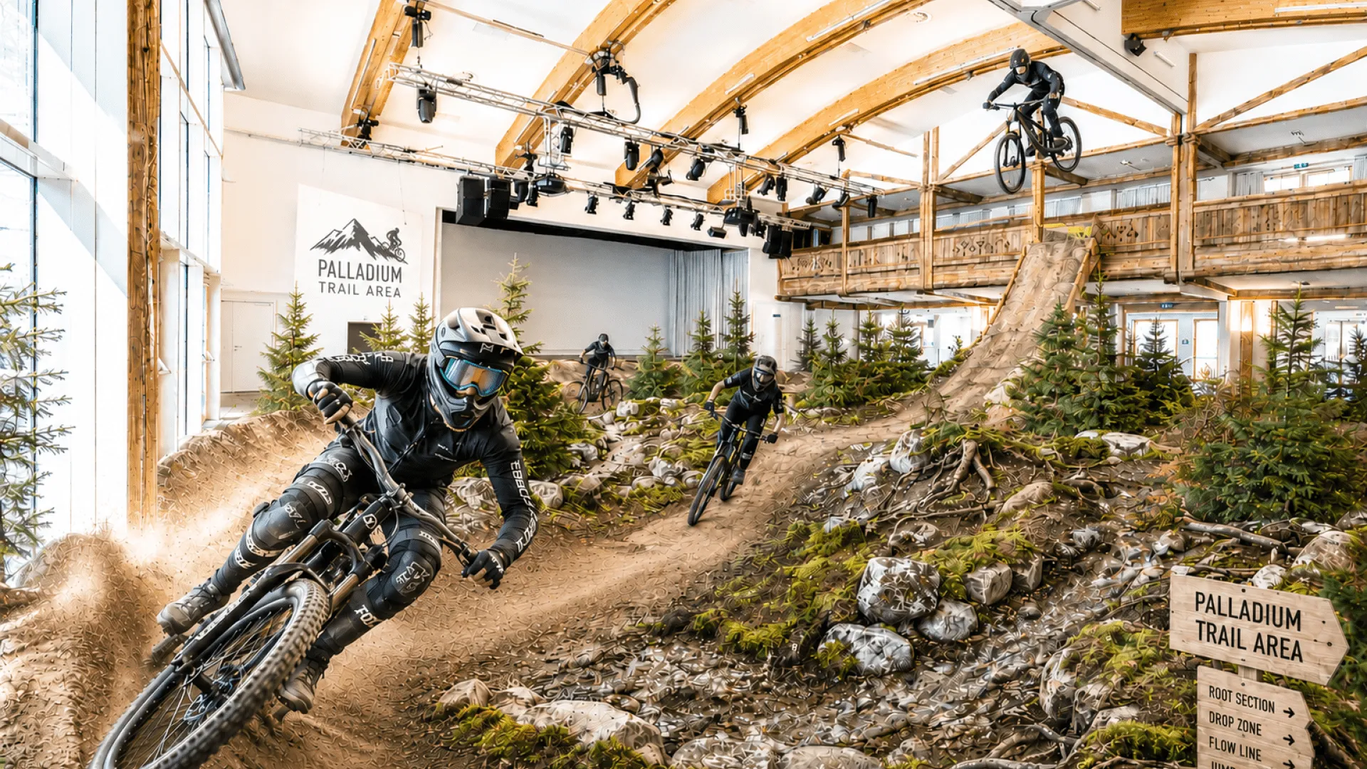Mountainbiker im Palladium Trail Area, indoor Terrain mit Sprüngen