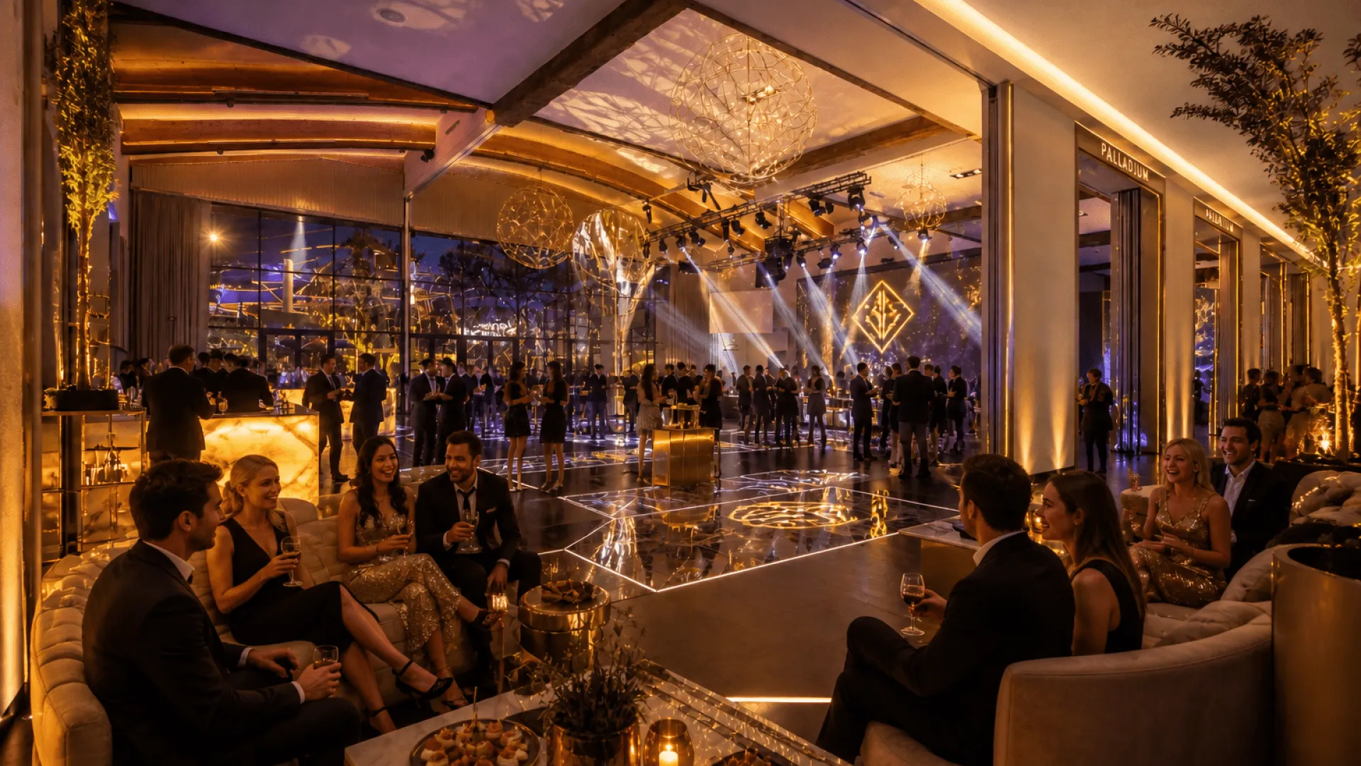 Luxeriöse Abendveranstaltung mit edlen Sitzmöglichkeiten, Champagnerbar und Spezialeffekten.