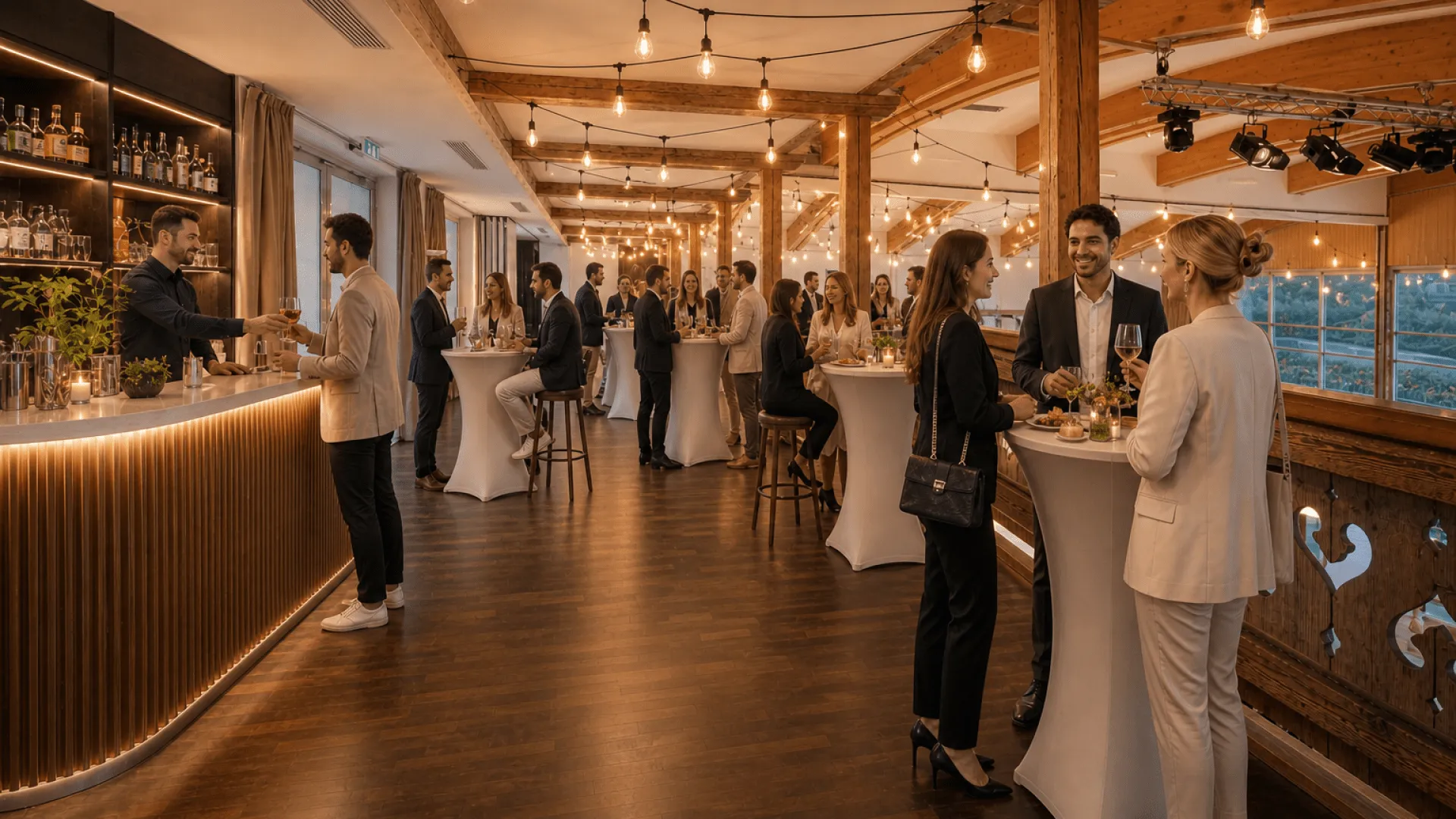 Elegante Bar mit Gästen bei einer Veranstaltung in einer Galerie