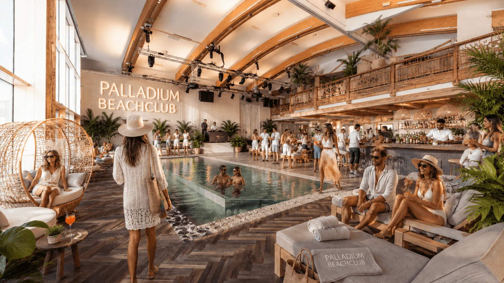 Innenansicht des Palladium Beachclubs mit Pool und Gästen