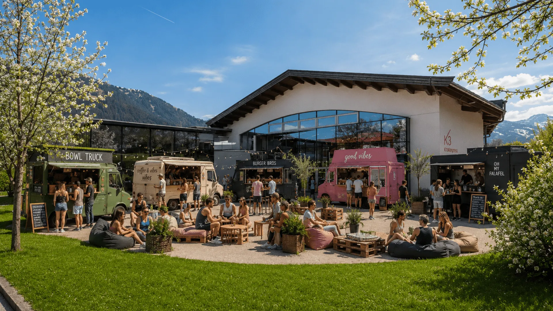 Foodtrucks auf der Terrasse mit Gästen und Blumenbäumen