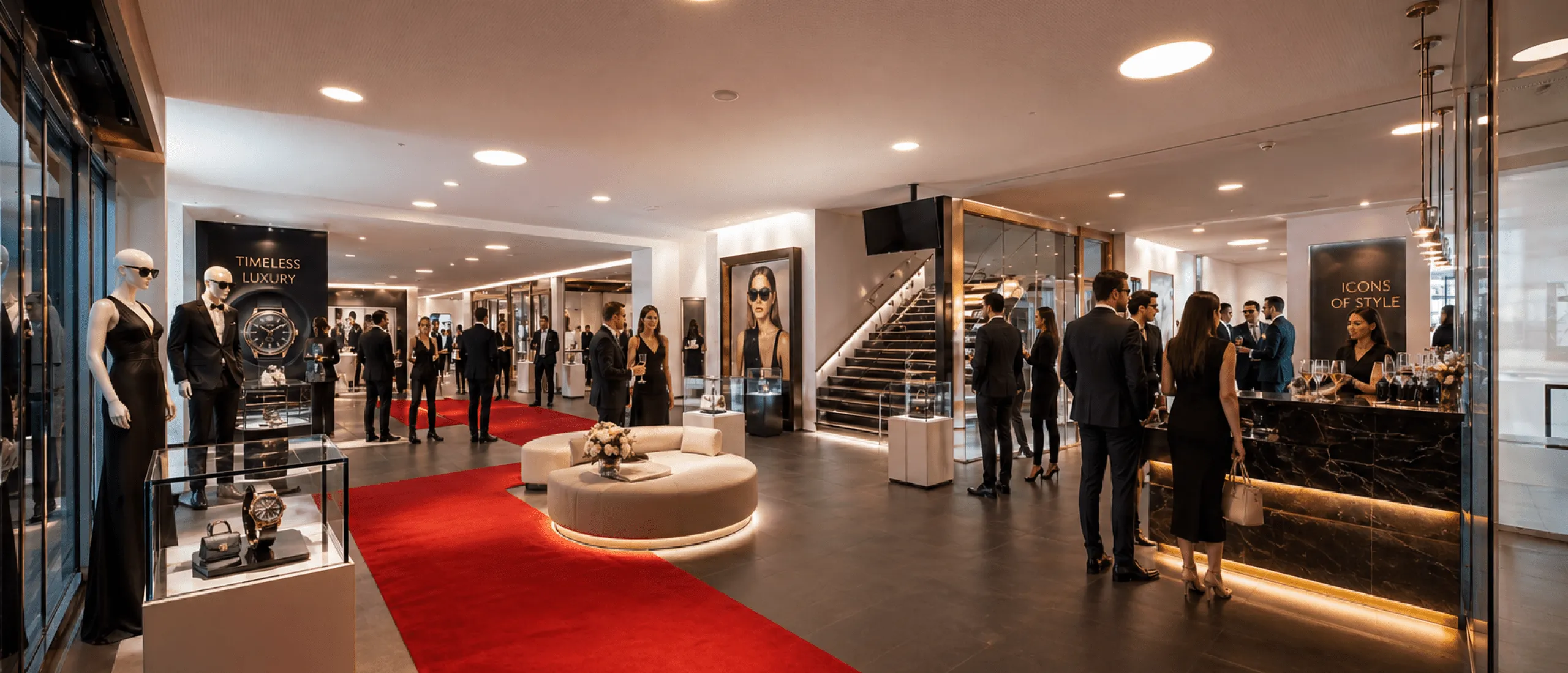 Luxuriöser Foyerbereich mit roten Teppich und Schaufensterpuppen