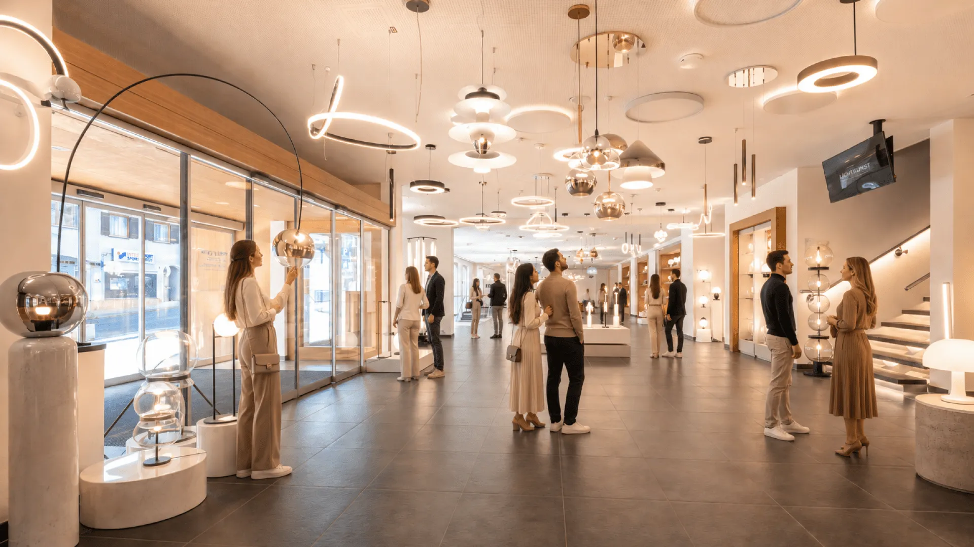 Foyer mit Designerlampen und Personen im Raum