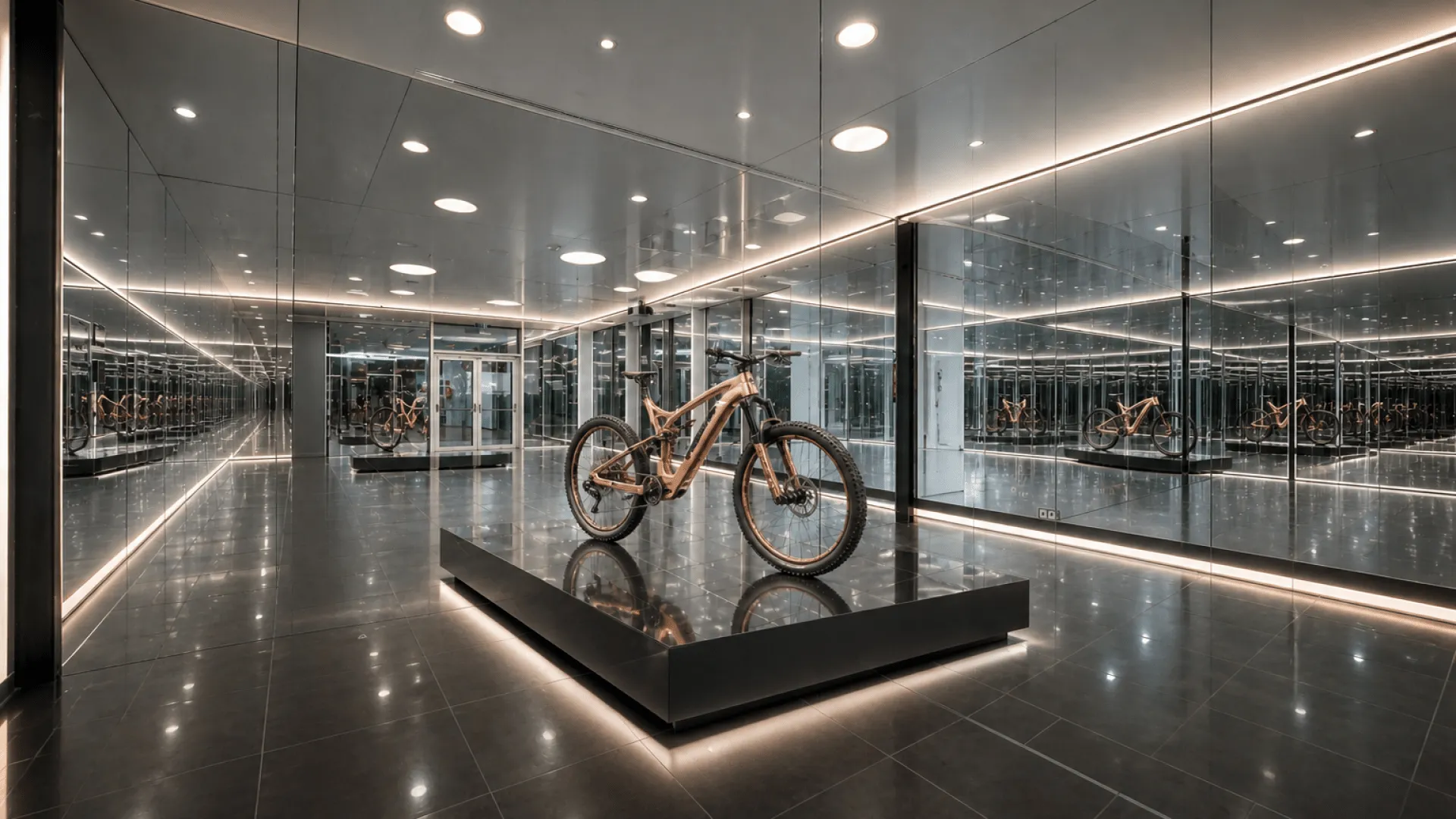 Moderne E-Bike in einem spiegelnden Ausstellungsraum