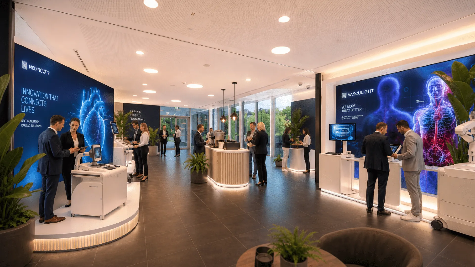 Moderne Ausstellung mit Technik und Besuchern in einem Raum