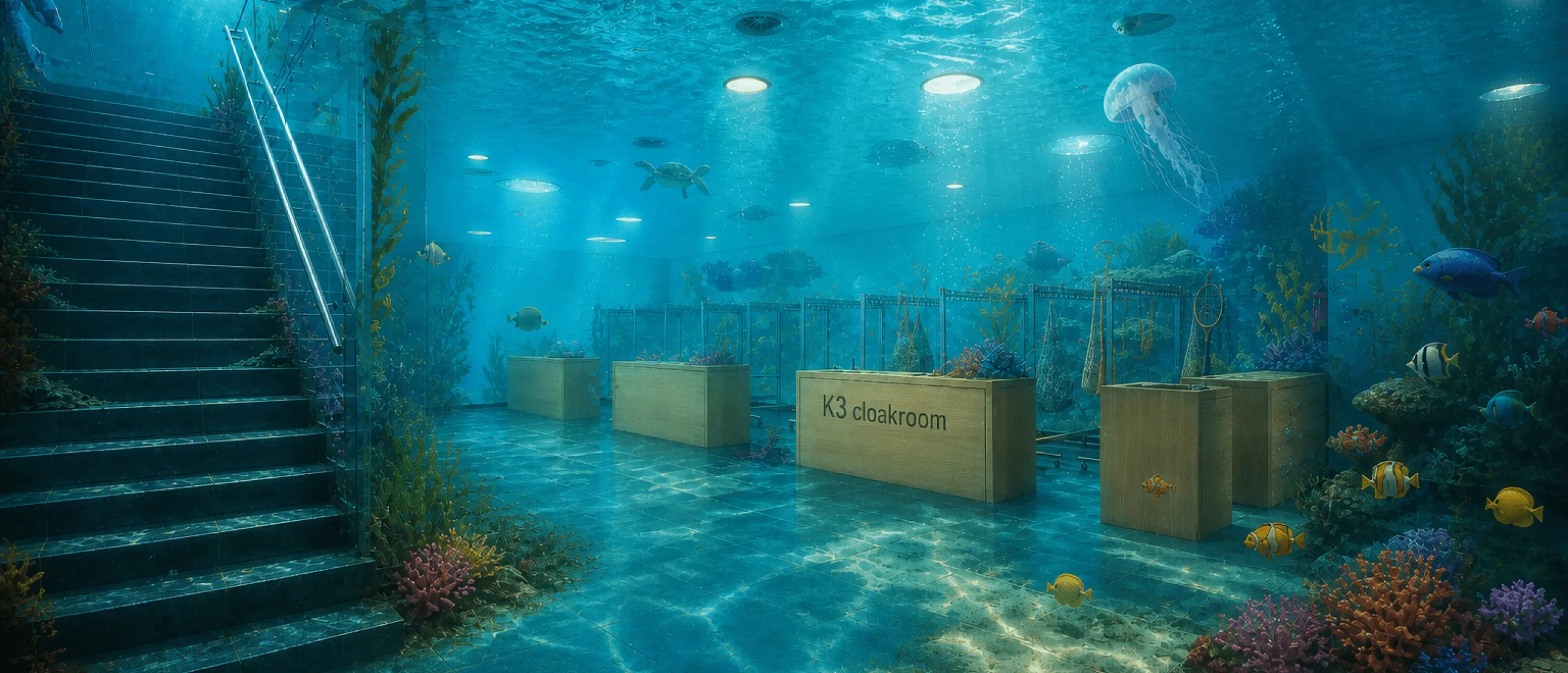 Unterwasseransicht eines Garderobenraums mit Treppe.