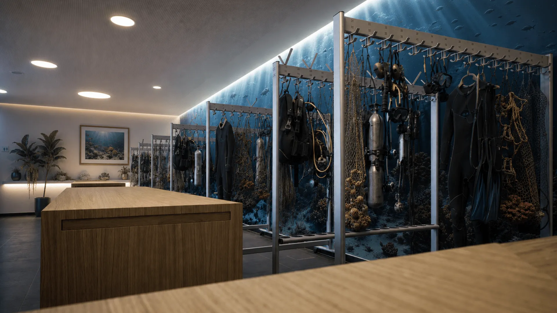 Garderobe mit Tauchausrüstung am Haken