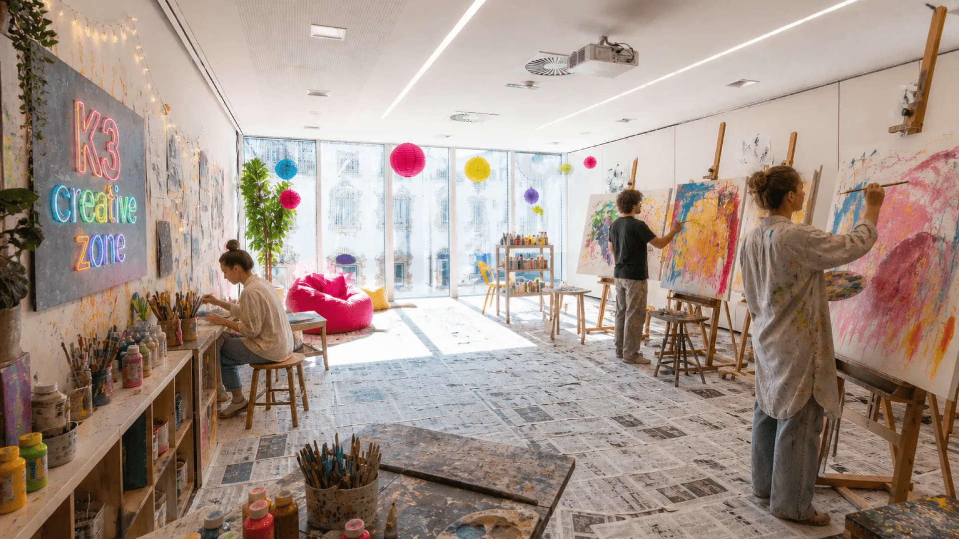 Kreativzone mit Malern, bunten Farben und Tageslicht.