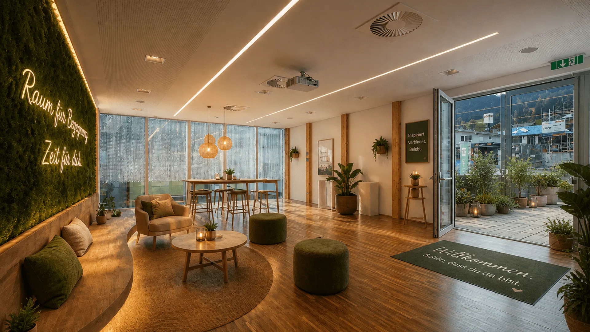 Moderne Lounge mit Pflanzen und Sitzgelegenheiten