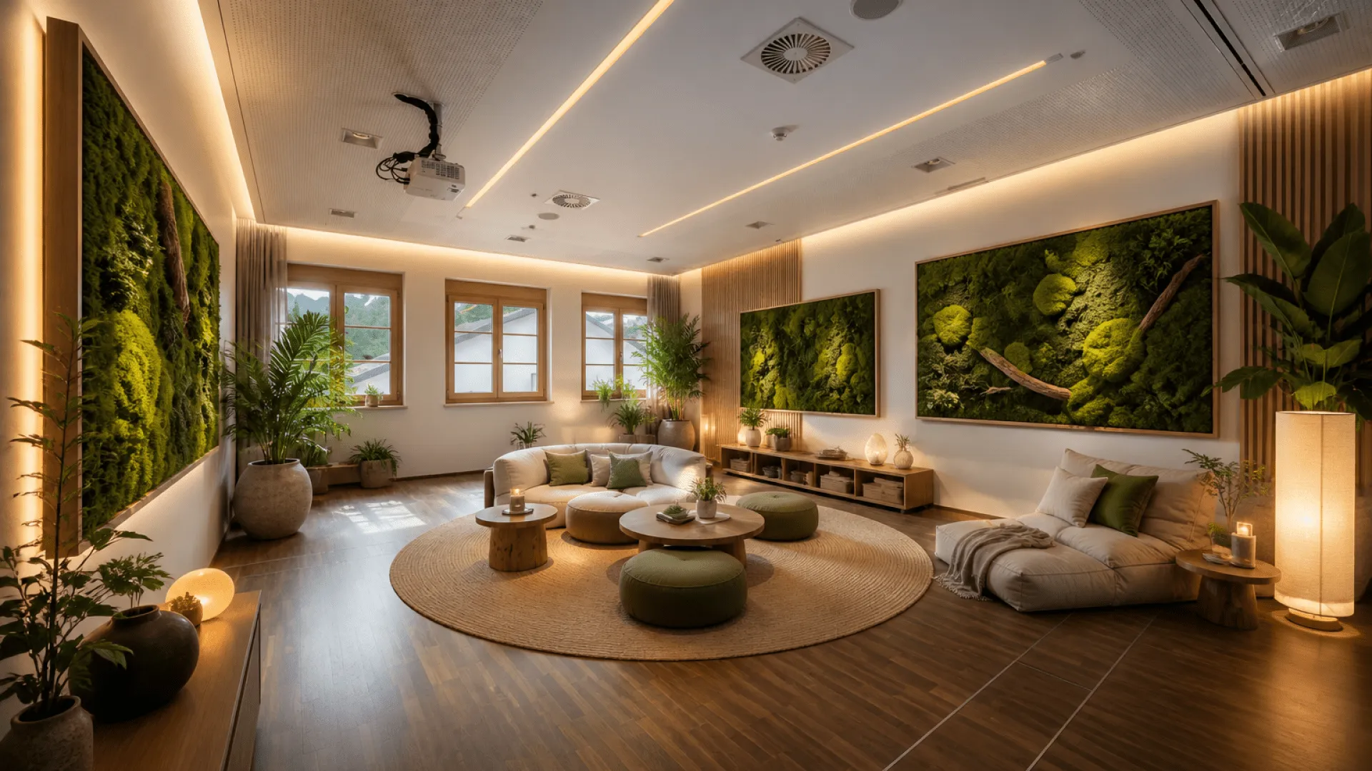Moderne, gemütliche Lounge mit Pflanzen und Wandkunst.
