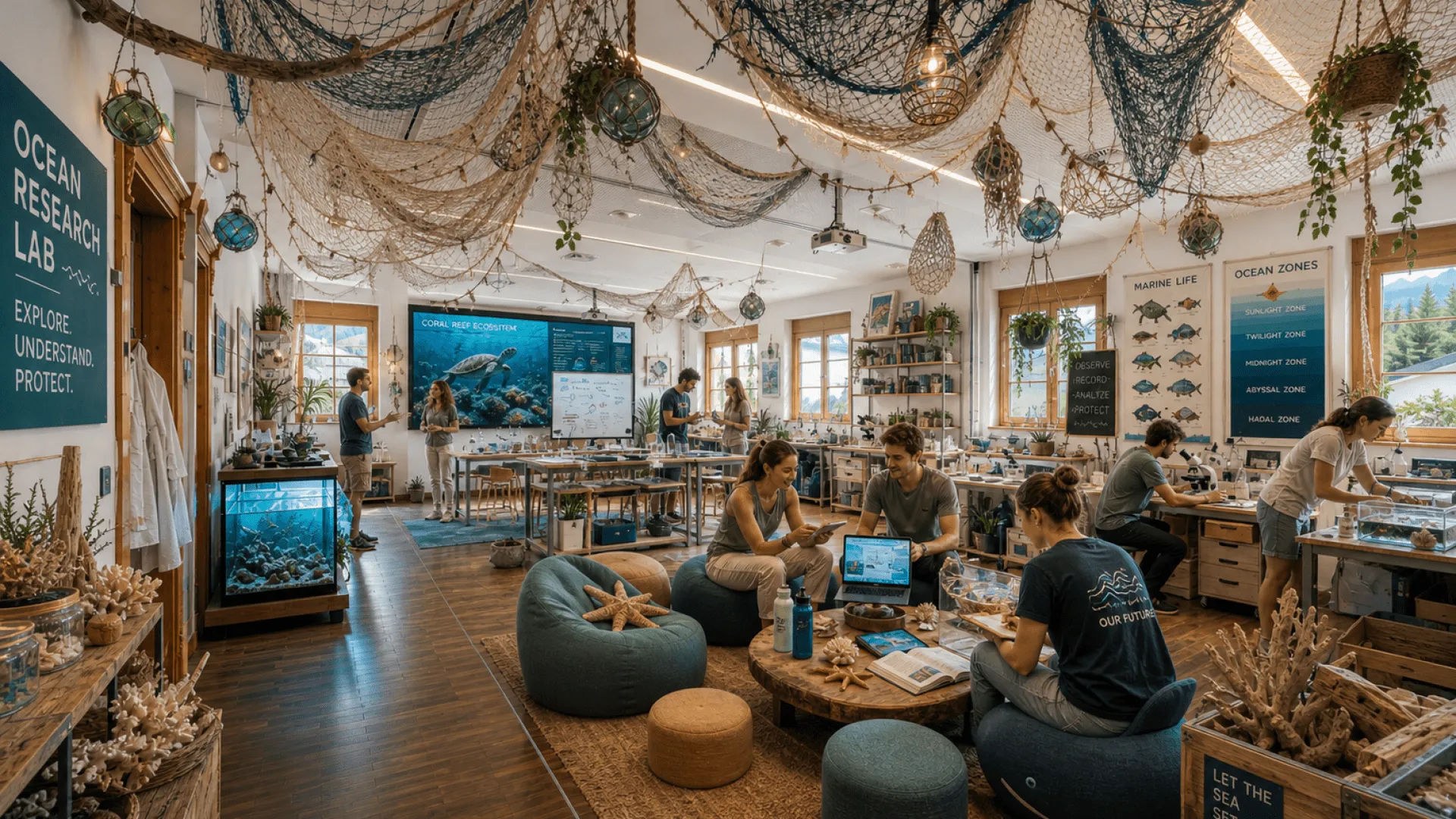 Forscher im Ozeanforschungslabor mit Netzen und Aquarien