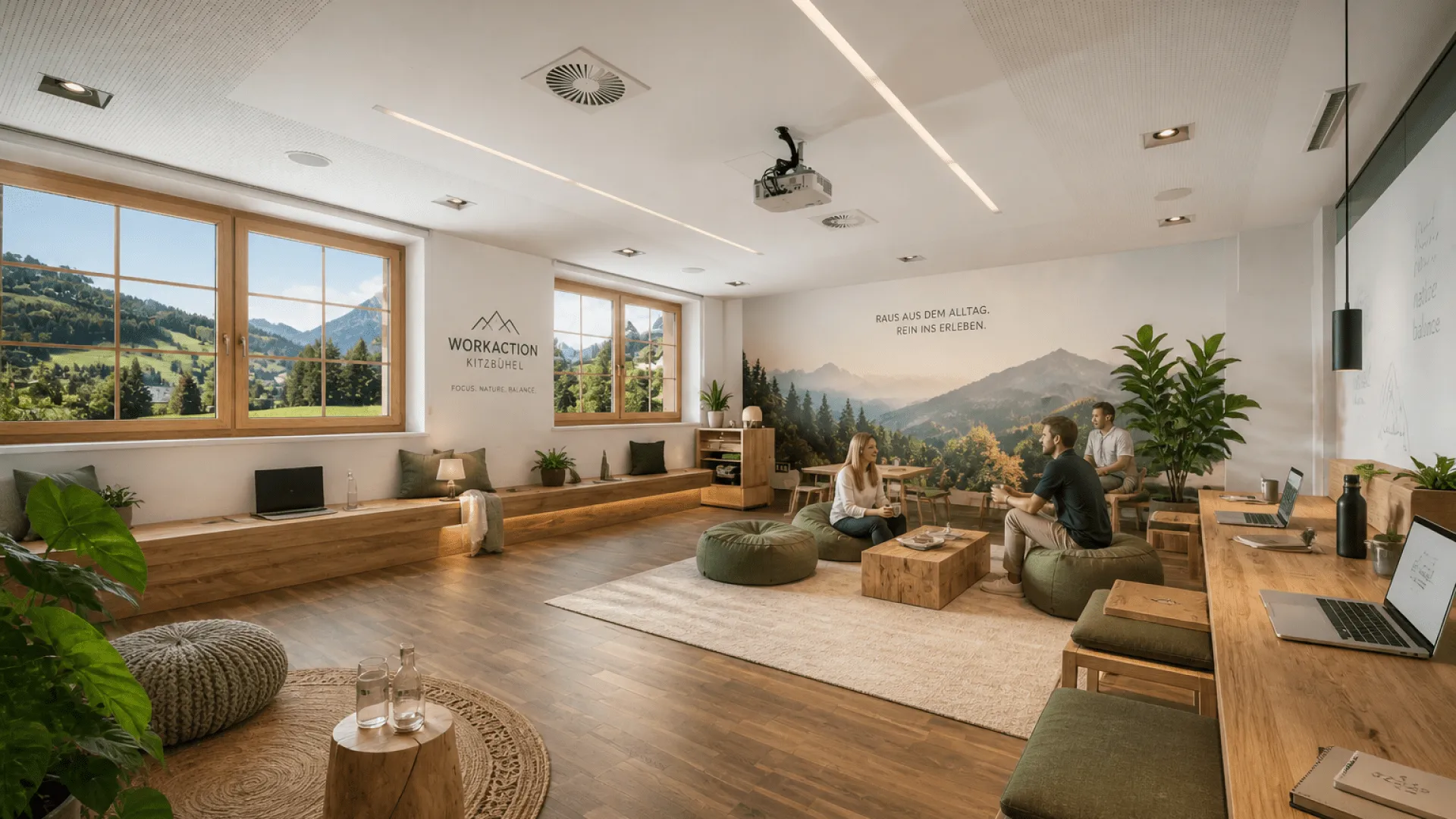 Moderne Arbeitsumgebung mit Pflanzen und Bergblick