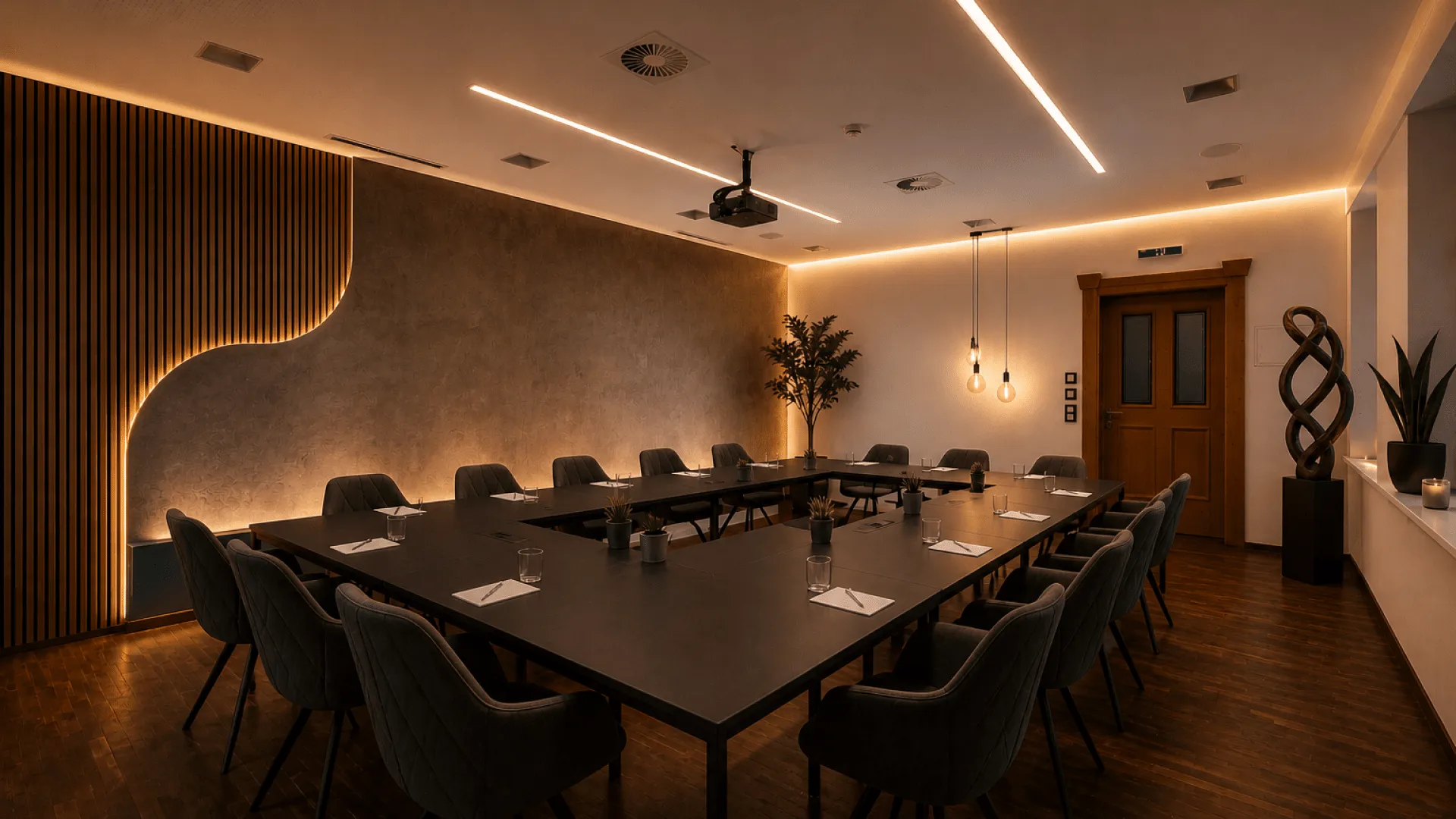 Modernes Meetingraum-Setup mit U-förmigem Tisch und Dekor