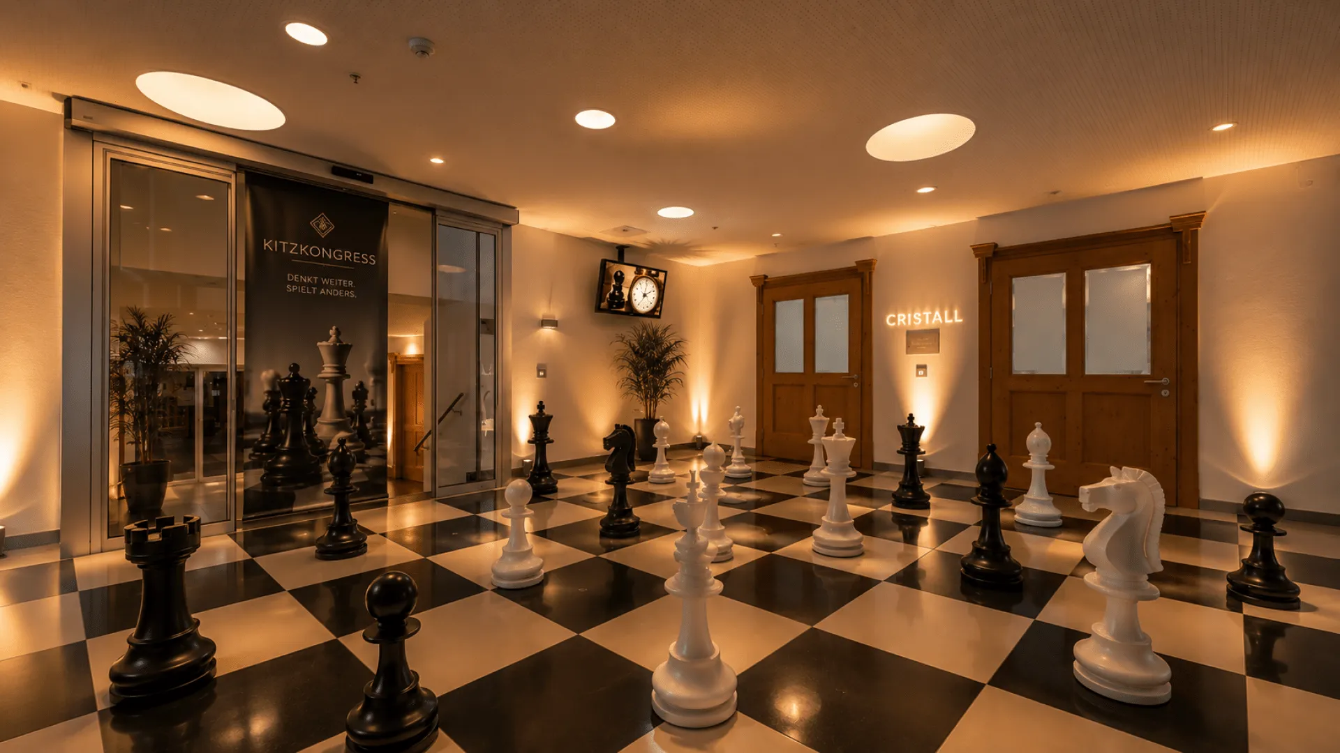 Foyer mit großem Schachbrett und Figuren