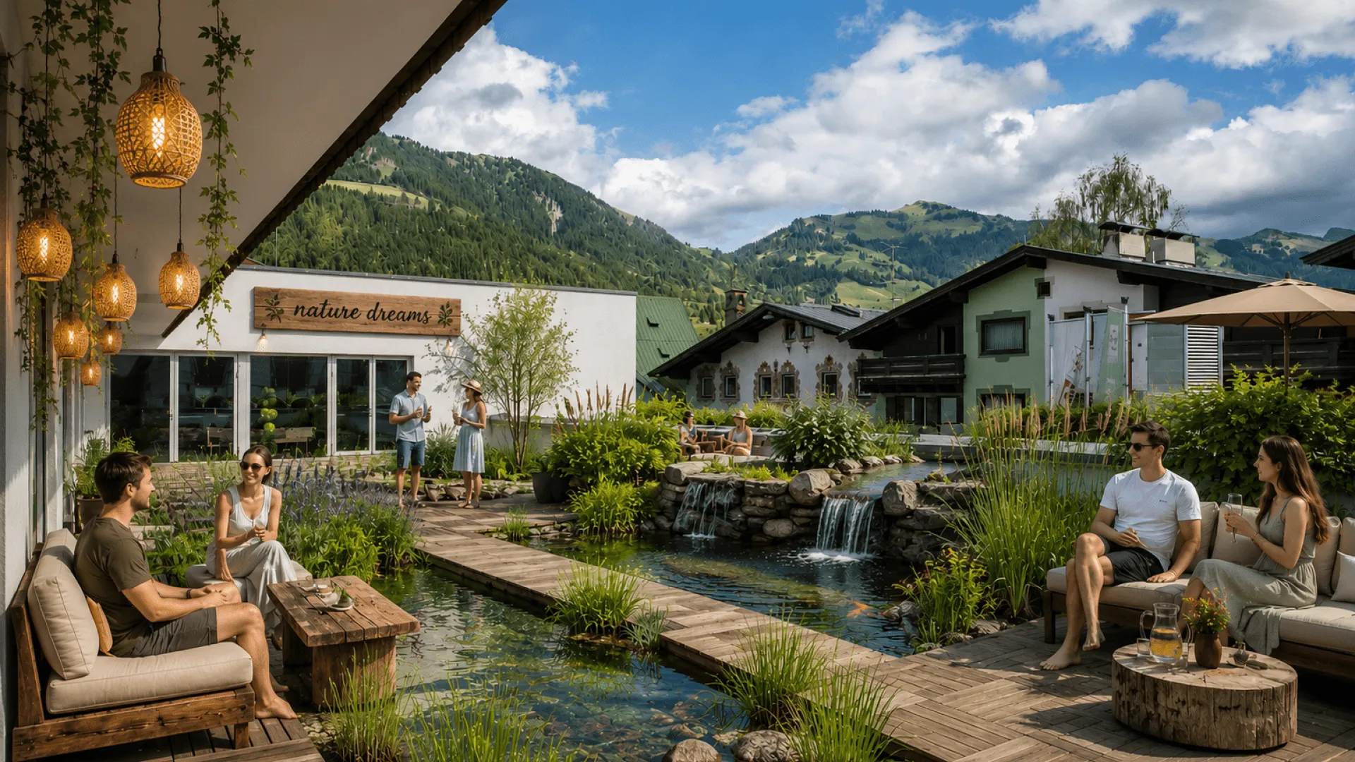 Gemütliche Terrasse mit Blick auf den Garten und Berge.