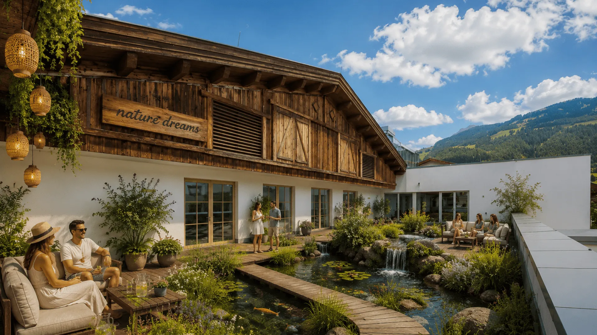 Terrasse mit Wasserspielen und Blick auf die Berge.