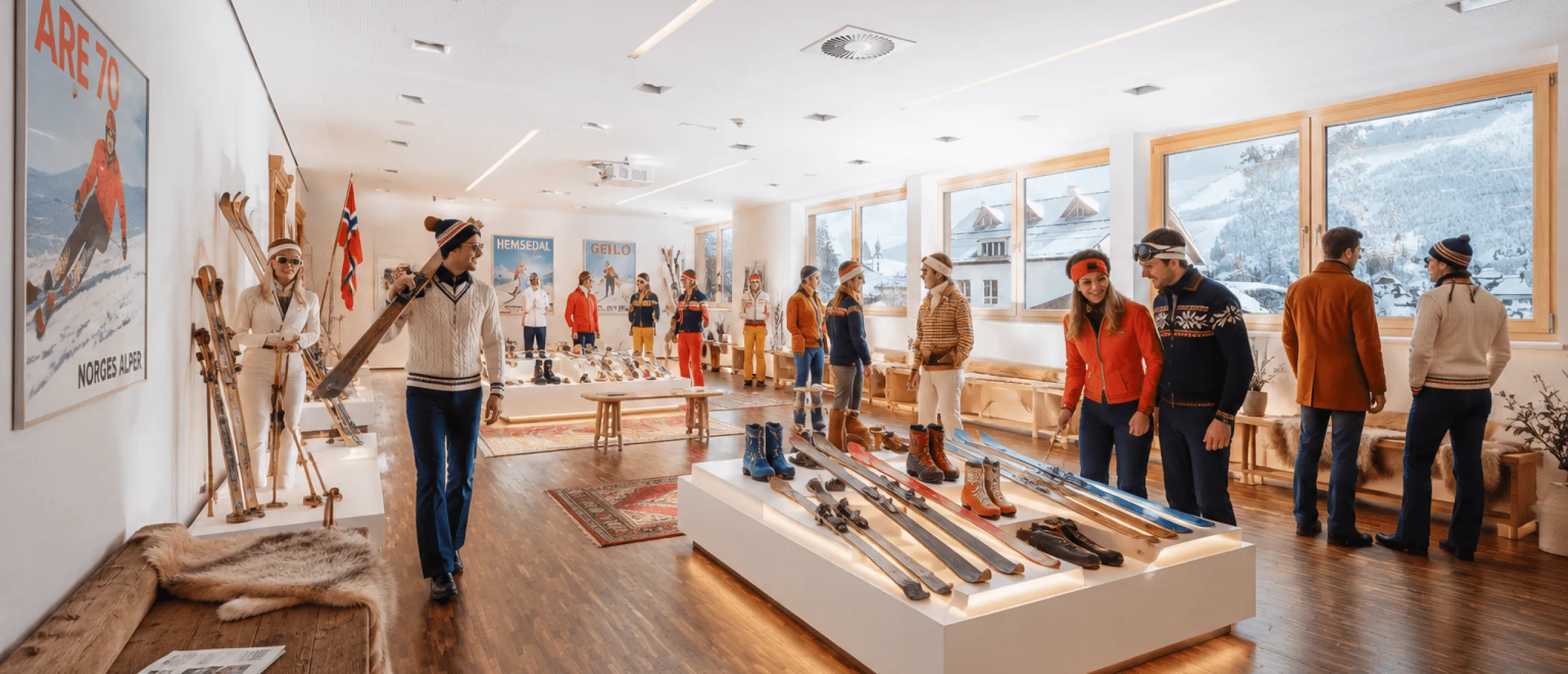 Skishop mit Ausstellungsstücken und Besuchern in skandinavischer Atmosphäre