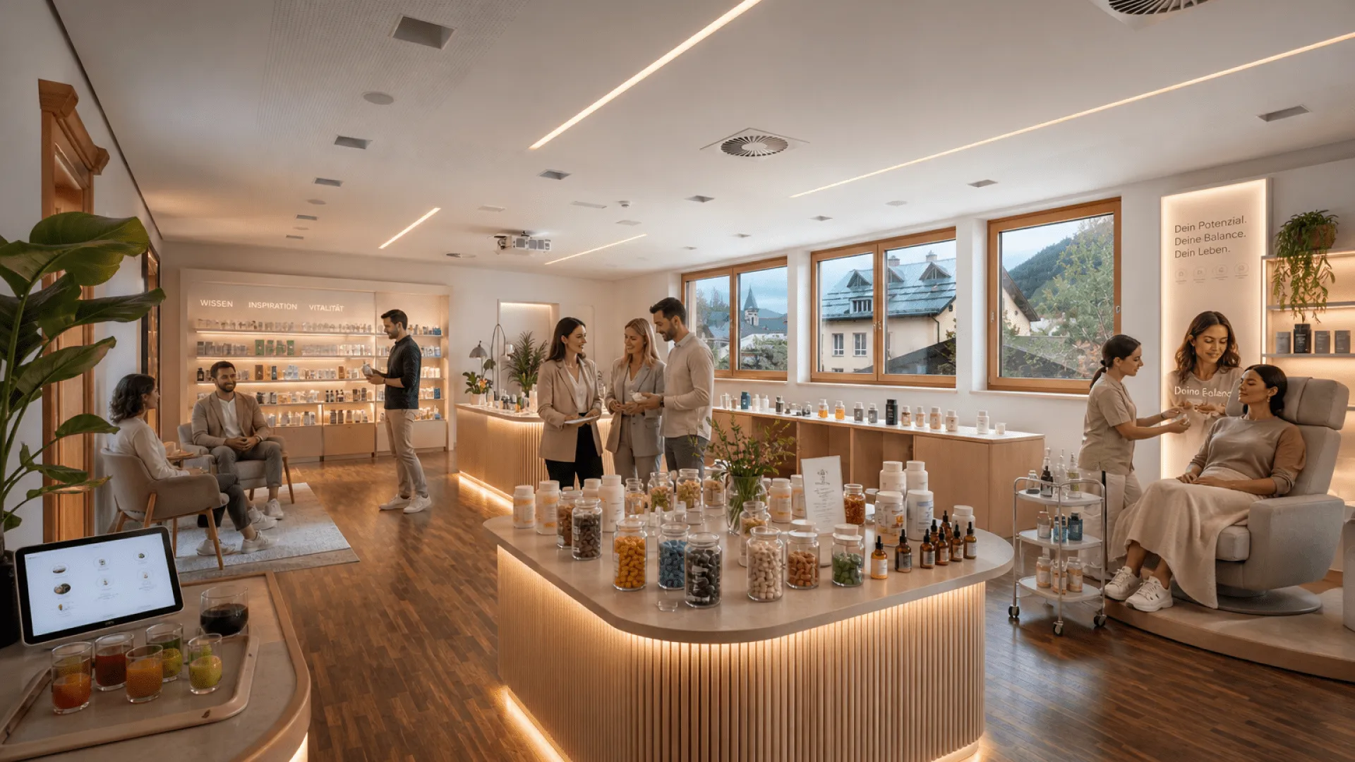 Moderne Wellness-Einrichtung mit Produkten und Behandlungen.