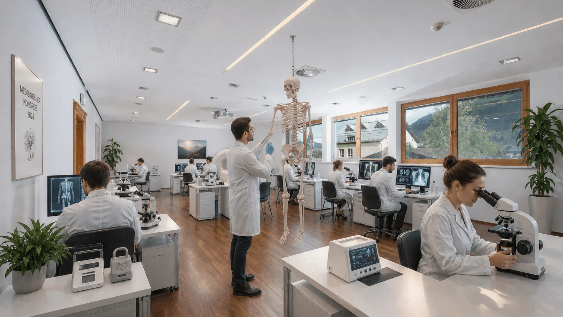 Moderne Laborszene mit Skelett und Forschern bei der Arbeit