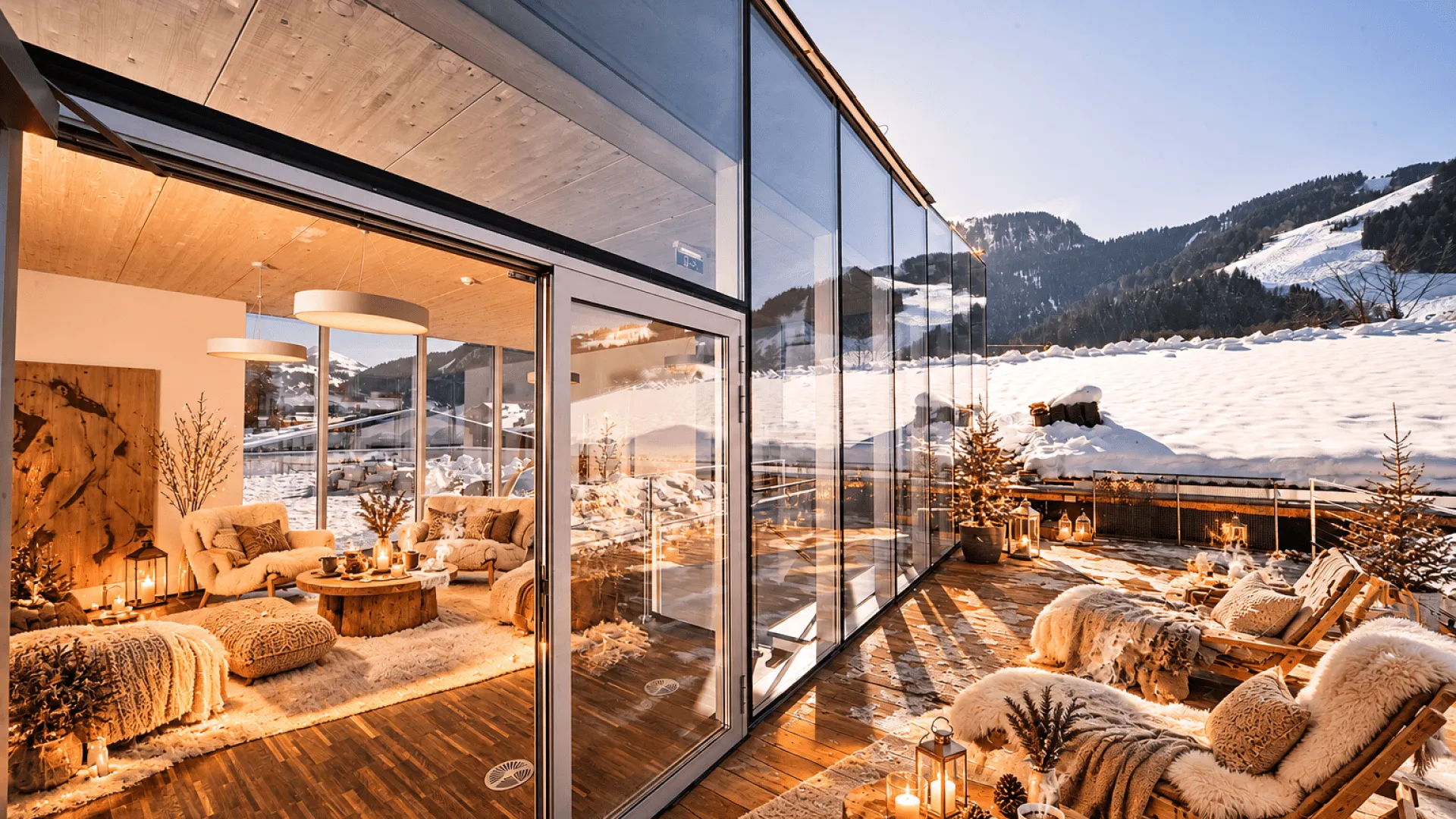 Moderne Lounge mit Blick auf winterliche Berglandschaft.